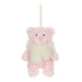 A small plush teddy bear hanging decoration in soft pink and cream white, with a cream hanging ribbon at the top, shown against a plain white background. - Image