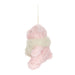 A fluffy teddy bear decoration shown against a plain white background. The ornament is light pink with a cream fluffy scarf and matching hanging ribbon.  - Image