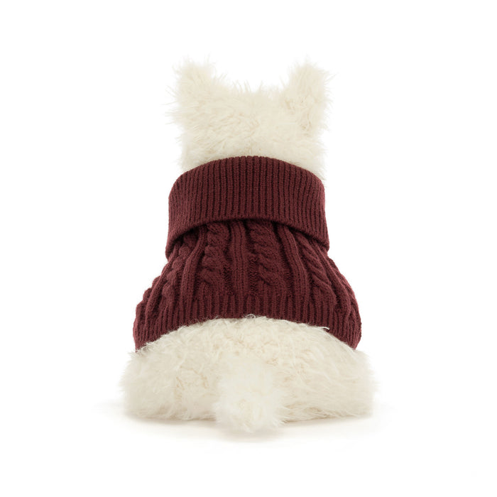 Plush soft toy Scottie Dog wearing a burgundy sweater  - Image