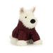 A plush dog toy wearing a burgundy cable-knit sweater, photographed against a seamless white background. - Image