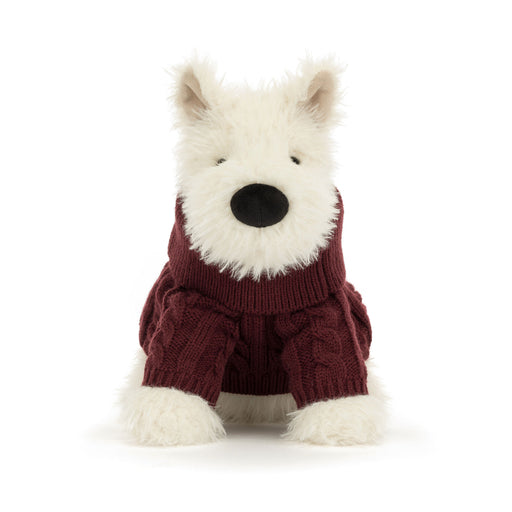 Plush White Scottie dog soft toy wearing a burgundy Aran sweater against a white backdrop.  - Image