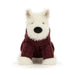 Plush White Scottie dog soft toy wearing a burgundy Aran sweater against a white backdrop.  - Image