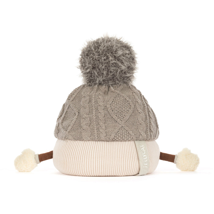 Back of a Soft Toy with wooly gloves and a grey Aran hat with pompom - Image