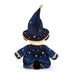 A plush toy  shown from the back, wearing a dark blue wizard costume with gold star details and a matching pointed hat on a white background. - Image