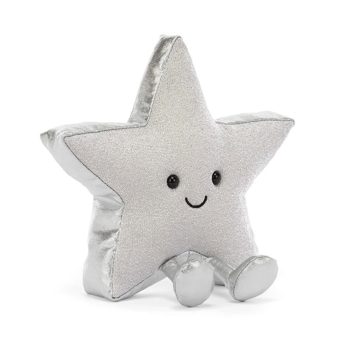 A silver glittery star-shaped plush toy with a smiling embroidered face and small feet, photographed on a clean white background. - Image