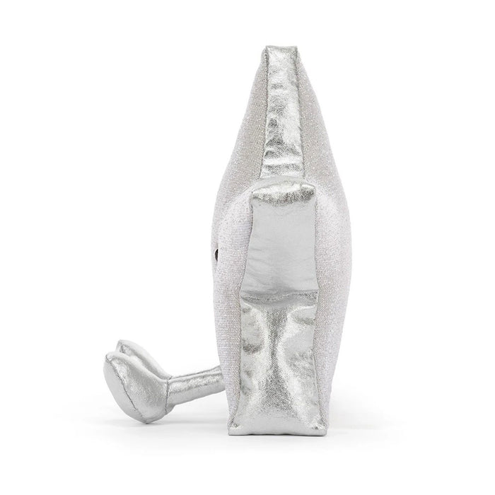 Side view of a silver star plush toy showing a shiny silver fabric and silver feet - Image