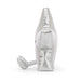 Side view of a silver star plush toy showing a shiny silver fabric and silver feet - Image