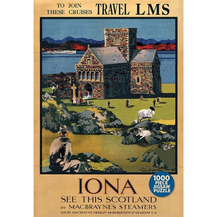 Vintage-style travel poster for Iona, Scotland featuring a scenic landscape with a church and people. - Image
