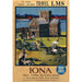 Vintage-style travel poster for Iona, Scotland featuring a scenic landscape with a church and people. - Image