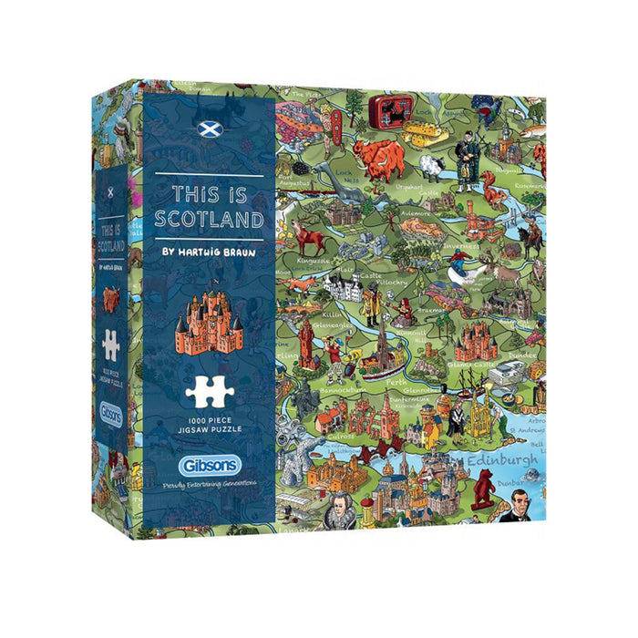Jigsaw puzzle box featuring a map of Scotland with various landmarks and Gibsons branding. - Image