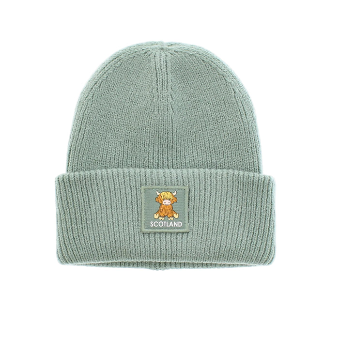 Mint ribbed beanie with Scotland and Highland Cow motif.  - Image