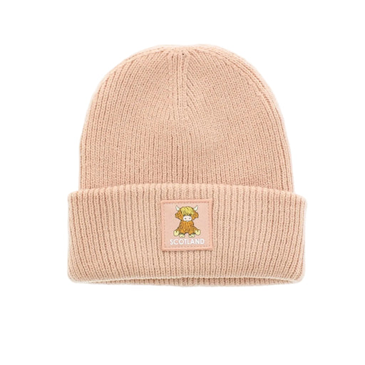 Pink ribbed beanie with Scotland and highland cow motif  - Image