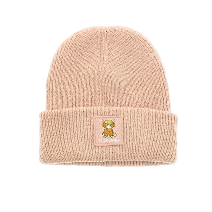 Pink ribbed beanie with Scotland and highland cow motif  - Image