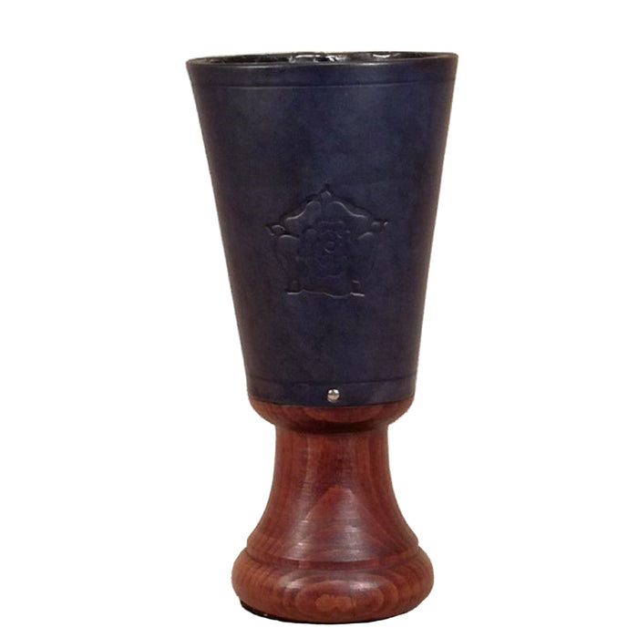 Navy Leather goblet with a wooden base.  - Image