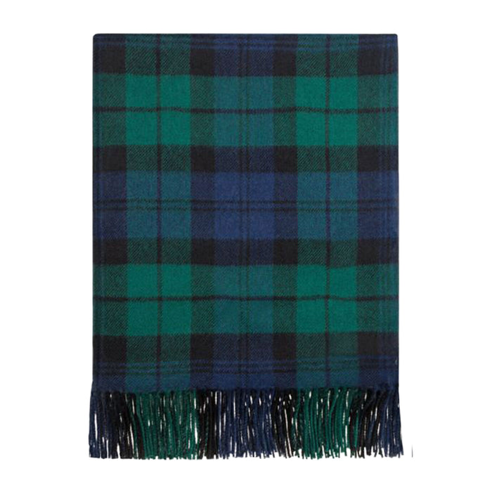 A folded plaid scarf with fringe at the bottom, featuring a tartan pattern in green, blue, and black on a white background. - Image