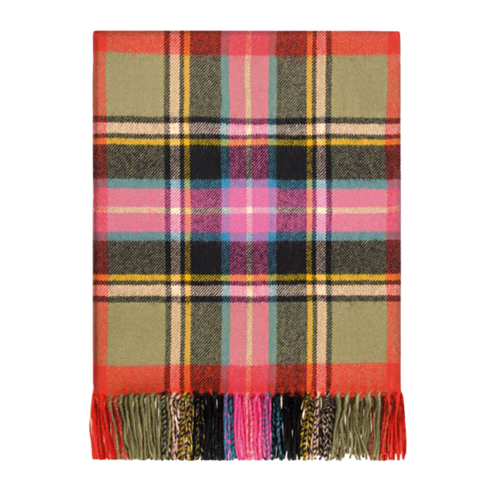 A multicolor plaid scarf with a vibrant red-orange border, pink, olive green, black, yellow, and blue intersecting stripes, finished with a fringed bottom edge. - Image