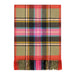 A multicolor plaid scarf with a vibrant red-orange border, pink, olive green, black, yellow, and blue intersecting stripes, finished with a fringed bottom edge. - Image