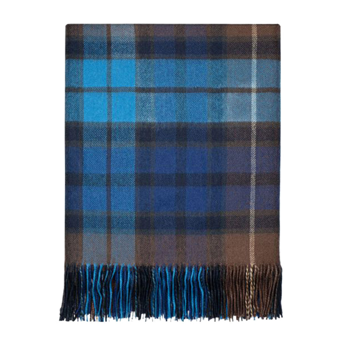 A folded plaid blanket with fringed edges, featuring a pattern of blue, brown, and black tartan on a white background. - Image