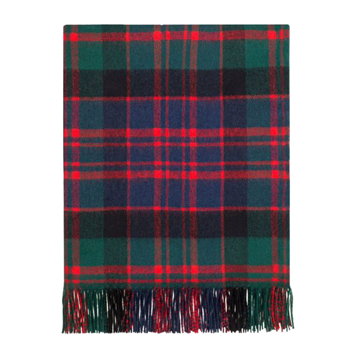 A classic tartan plaid throw blanket with fringed edges, featuring a pattern of green, navy blue, black, and red stripes, shown flat against a plain white background. - Image