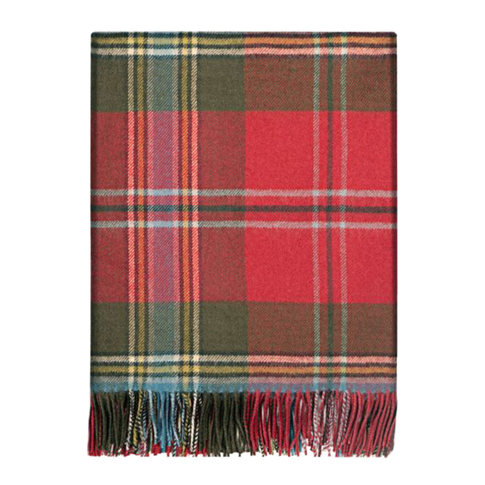 A classic red tartan plaid throw blanket with fringe detailing on the bottom edge, displayed flat against a solid white background. - Image