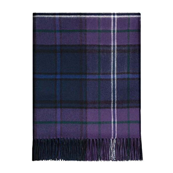 A folded tartan plaid scarf in purple, navy, and black with thin green and white stripes, finished with fringed ends, shown on a plain white background. - Image