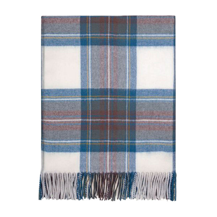 A folded plaid scarf with fringed ends, featuring a pattern of blue, gray, white, and muted red stripes. - Image