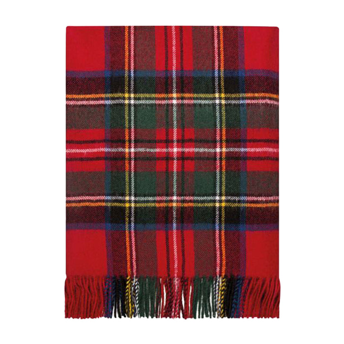 A red tartan plaid scarf with fringe on one end, featuring intersecting stripes of green, black, yellow, and white. - Image