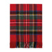 A red tartan plaid scarf with fringe on one end, featuring intersecting stripes of green, black, yellow, and white. - Image