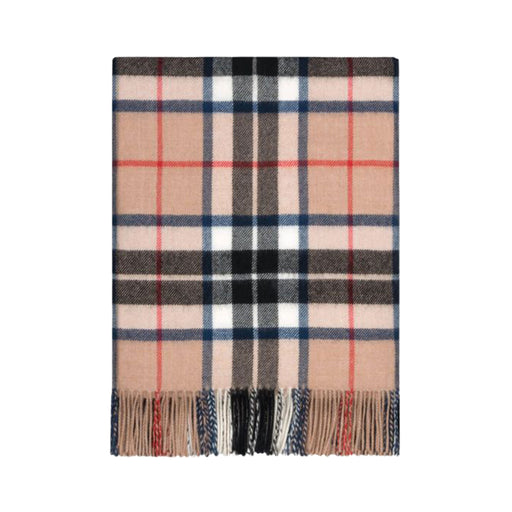 A classic plaid scarf with fringed ends, featuring a beige base with navy blue, black, white, and red check lines. - Image