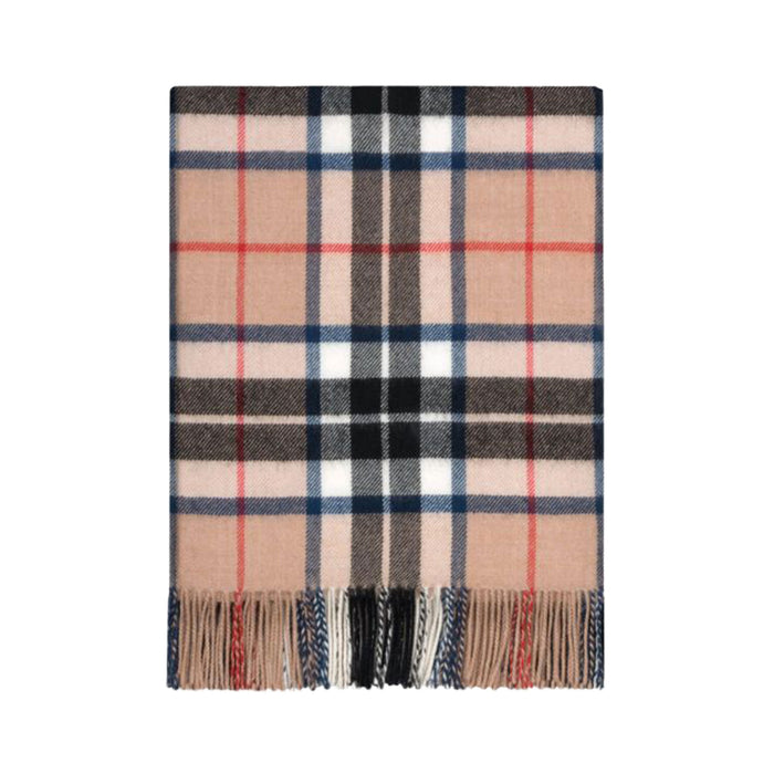 A classic plaid scarf with fringed ends, featuring a beige base with navy blue, black, white, and red check lines. - Image