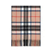 A classic plaid scarf with fringed ends, featuring a beige base with navy blue, black, white, and red check lines. - Image