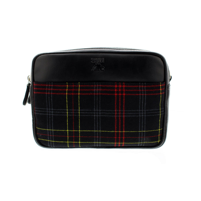 Back of Camera style bag with Edinburgh Castle tartan and logo against a white background.  - Image