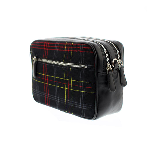 Camera style bag with Edinburgh Castle Tartan and double zipper against a white background. - Image