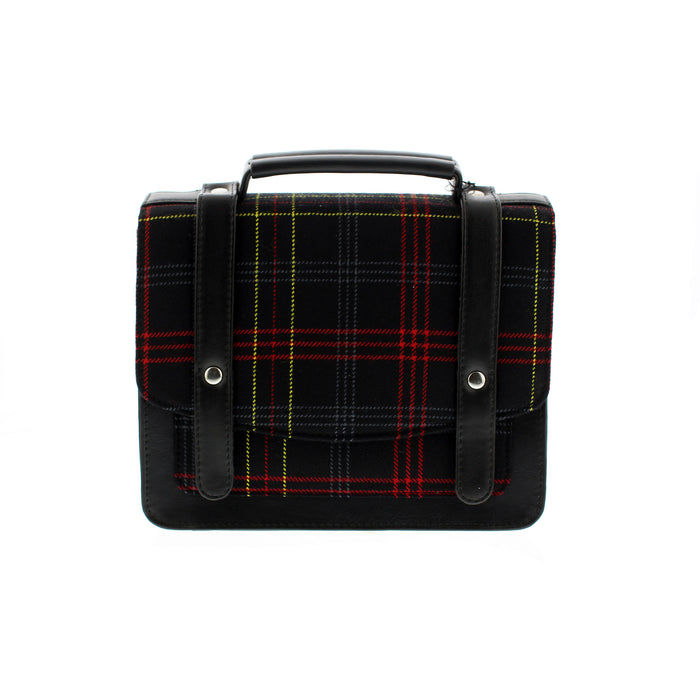 Black bag with Edinburgh castle tartan, handle on a white background.  - Image