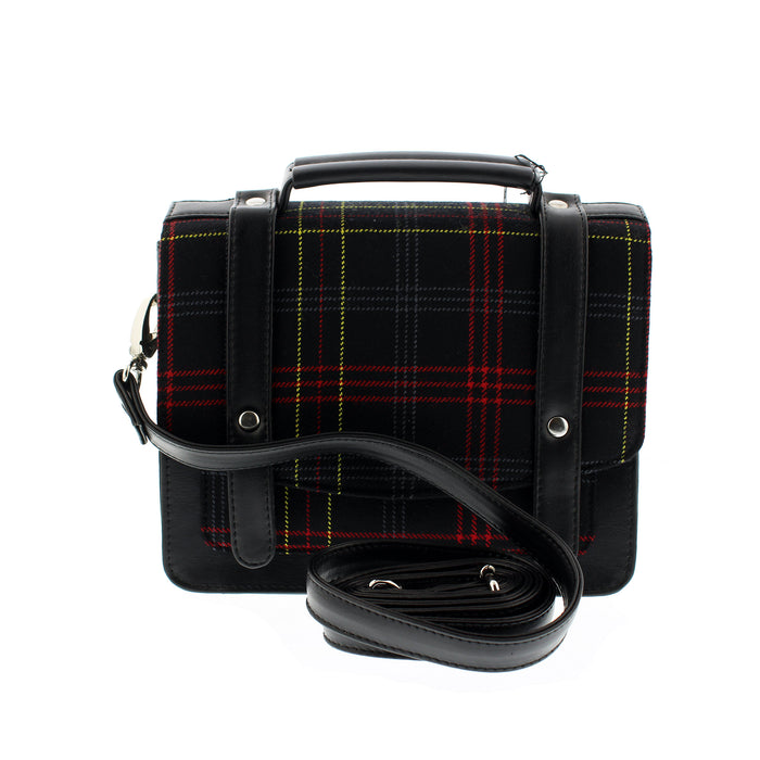 Black bag with Edinburgh castle tartan, handle and strap on a white background.  - Image