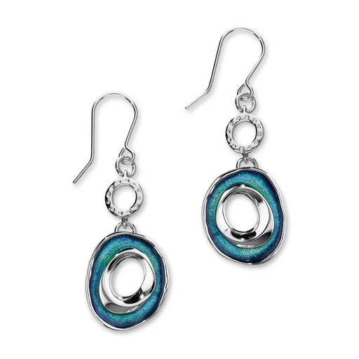 Silver drop earrings with a turquoise blue circular pendant. 