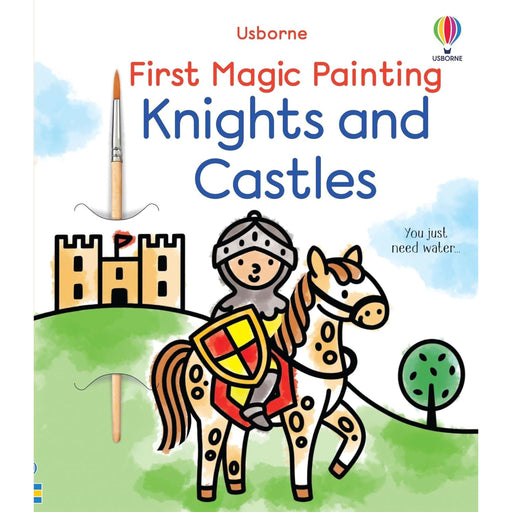 Book cover of 'First Magic Painting Knights and Castles' by Usborne with a knight on a horse and castle illustration. - Image