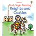 Book cover of 'First Magic Painting Knights and Castles' by Usborne with a knight on a horse and castle illustration. - Image