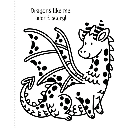 Black and white dragon illustration with text 'Dragons like me aren't scary!' on a white background - Image