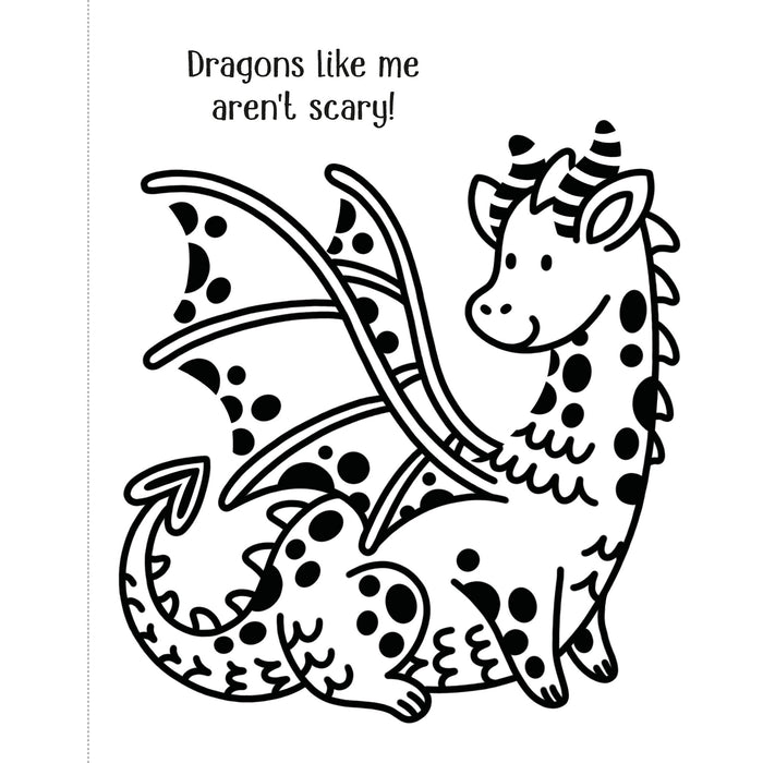 Black and white dragon illustration with text 'Dragons like me aren't scary!' on a white background - Image