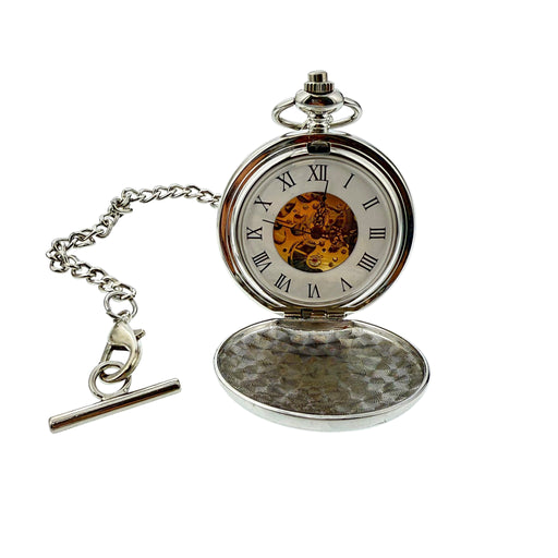 Silver pocket watch with chain on a white background - Image