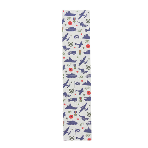 Bookmark featuring a repeating military-themed pattern of navy blue aircraft, tanks, trucks, olive green insignias, and small red stars on a white background. - Image