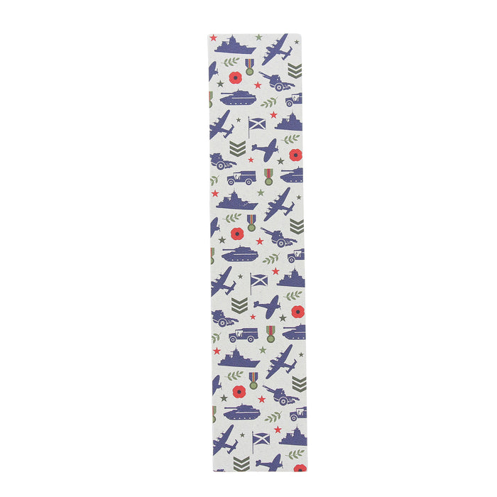 Bookmark featuring a repeating military-themed pattern of navy blue aircraft, tanks, trucks, olive green insignias, and small red stars on a white background. - Image