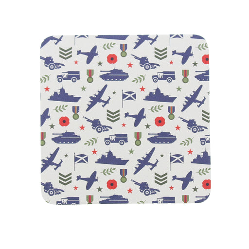 A square coaster with rounded corners featuring a military-themed pattern of navy blue tanks, ships, planes, chevrons, medals, red poppies and stars.  - Image