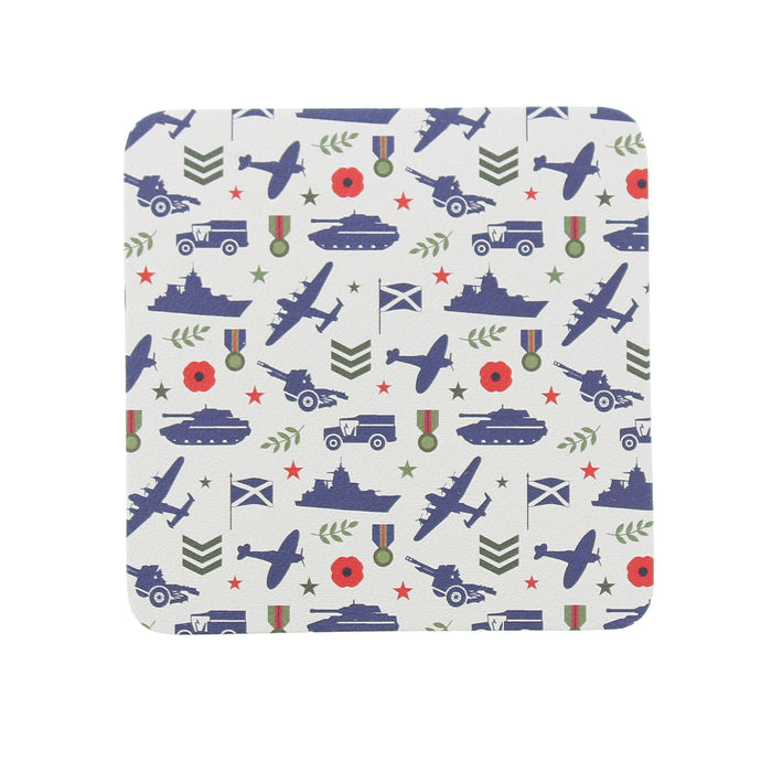 A square coaster with rounded corners featuring a military-themed pattern of navy blue tanks, ships, planes, chevrons, medals, red poppies and stars.  - Image