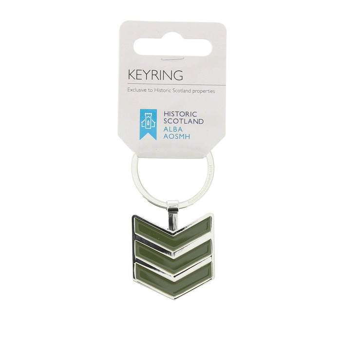 A silver-tone metal keyring with a chevron-shaped pendant featuring olive green enamel stripes, attached to a white cardboard display card.. - Image