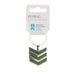 A silver-tone metal keyring with a chevron-shaped pendant featuring olive green enamel stripes, attached to a white cardboard display card.. - Image