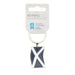 A keyring featuring the Scottish flag (the Saltire) in navy blue and white enamel, attached to a silver metal ring and displayed on a white cardboard hanger card. - Image
