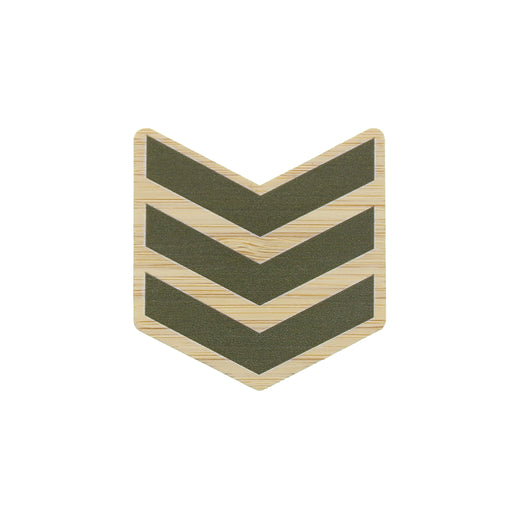 A wooden chevron magnet featuring three horizontal olive green chevron stripes on a light natural wood background. - Image