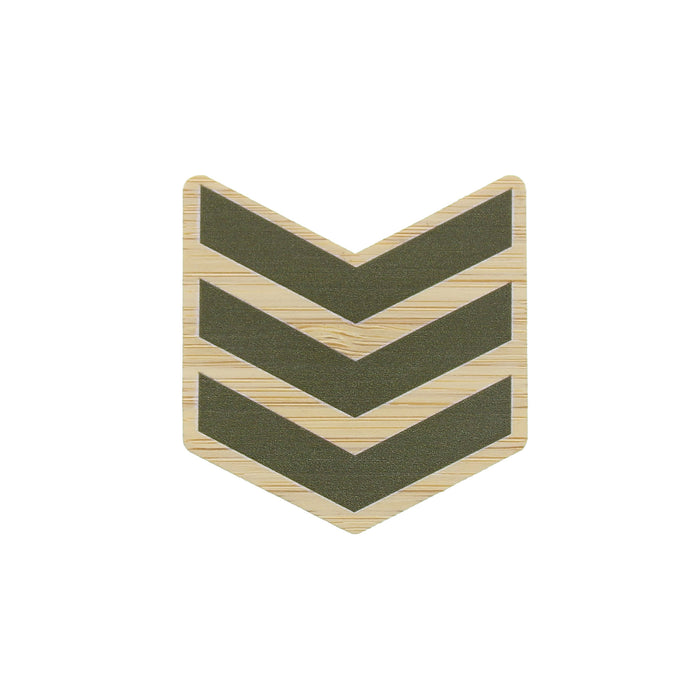 A wooden chevron magnet featuring three horizontal olive green chevron stripes on a light natural wood background. - Image
